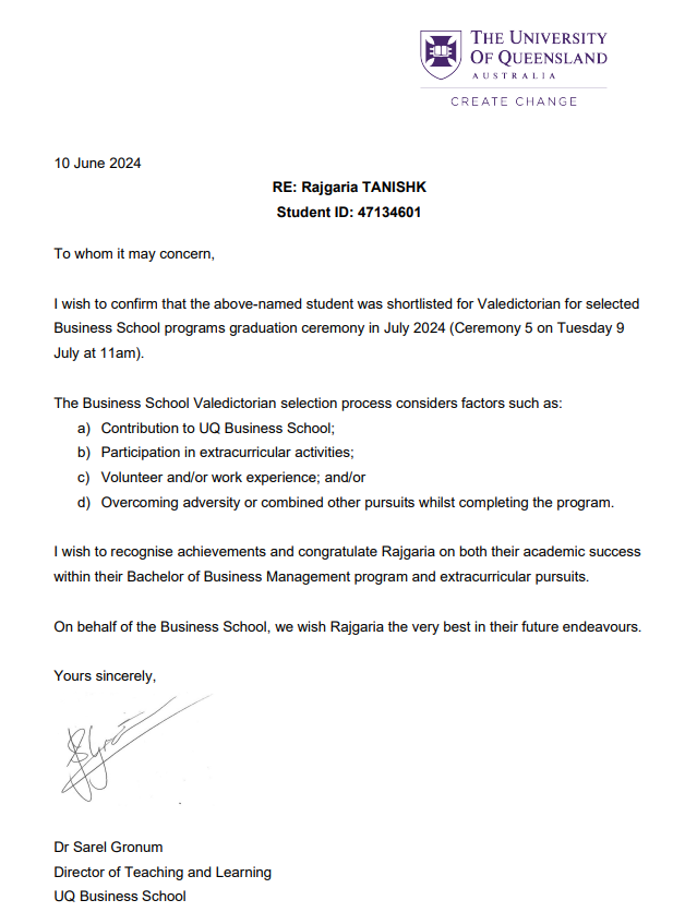 Short-listed as a potential Valedictorian